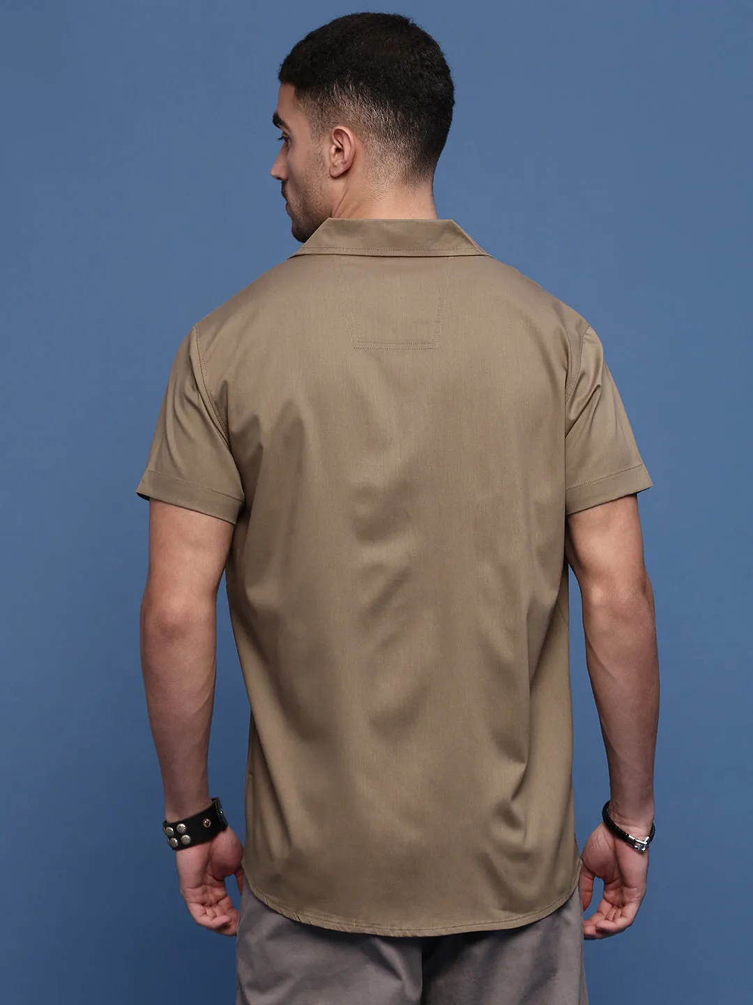 Men Brown Solid Cuban Collar Shirt