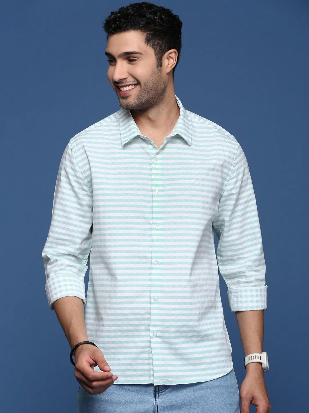 Men Checked Sea Green Slim Fit Shirt