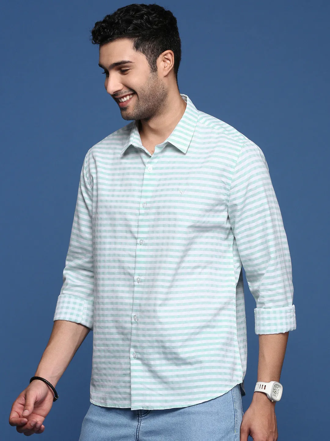 Men Checked Sea Green Slim Fit Shirt