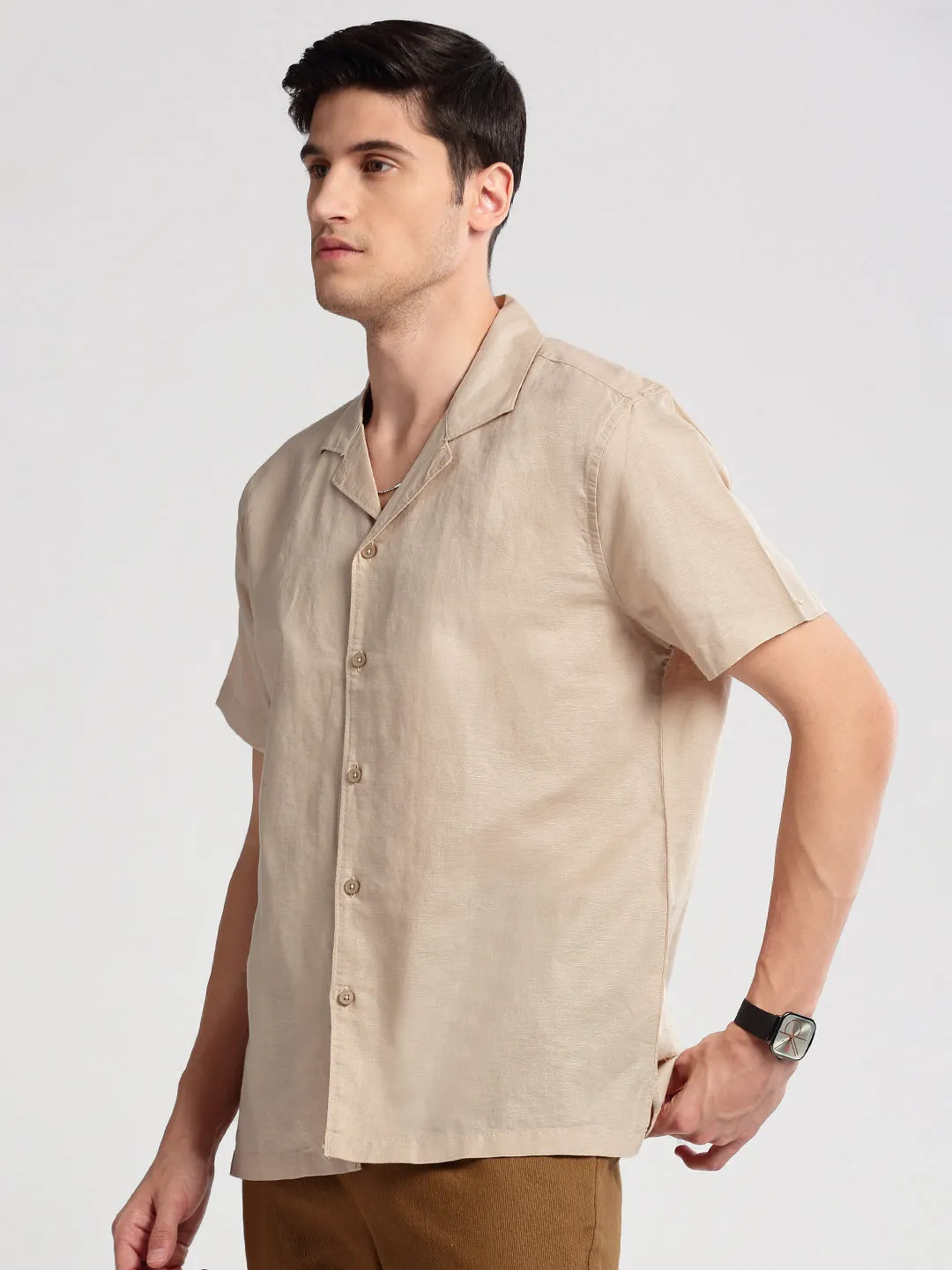 Men Cuban Collar Solid Beige Casual Shirt