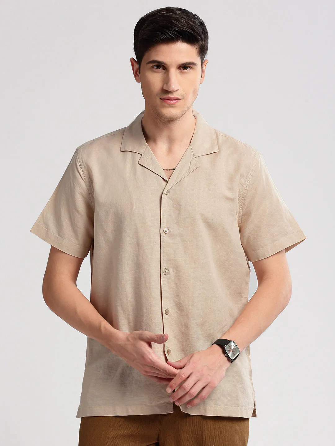 Men Cuban Collar Solid Beige Casual Shirt