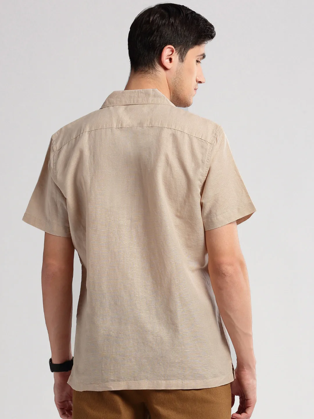 Men Cuban Collar Solid Beige Casual Shirt