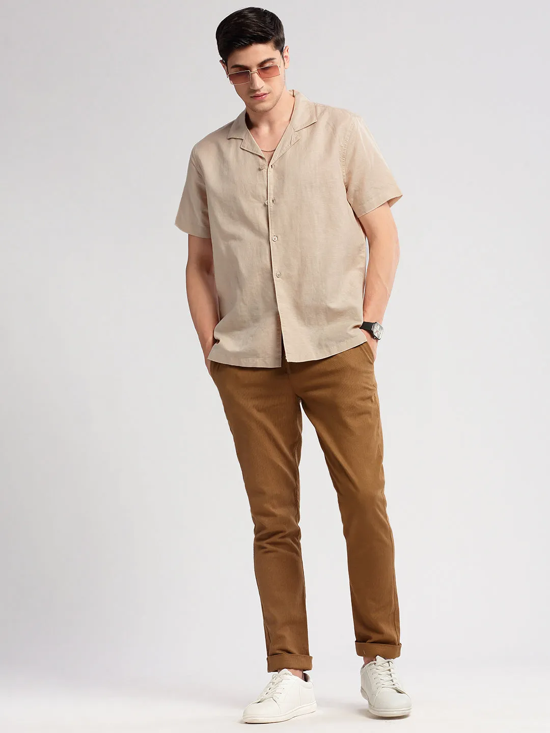 Men Cuban Collar Solid Beige Casual Shirt