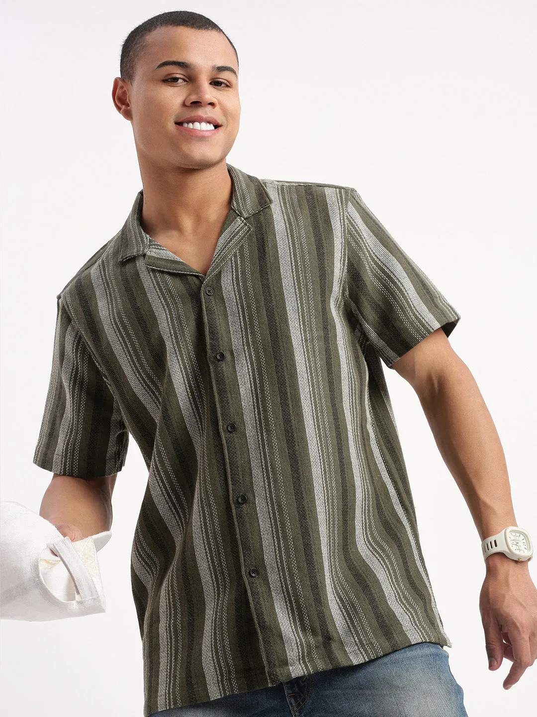 Men Cuban Collar Vertical Stripes Olive Shirt