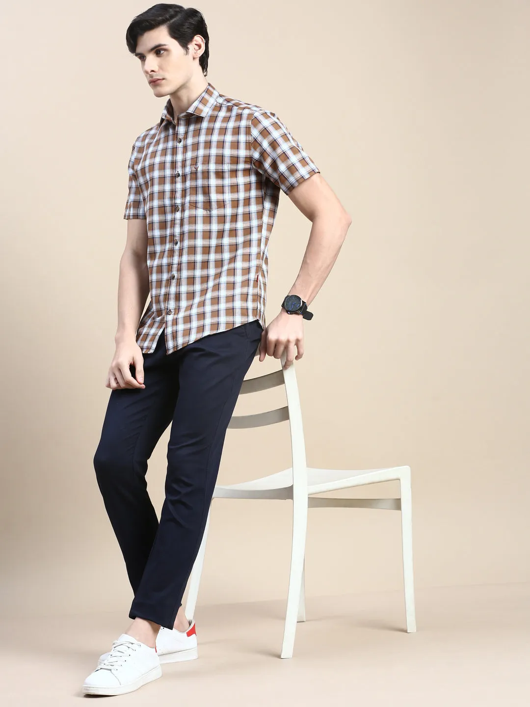 Men Khaki Checked Casual Shirt