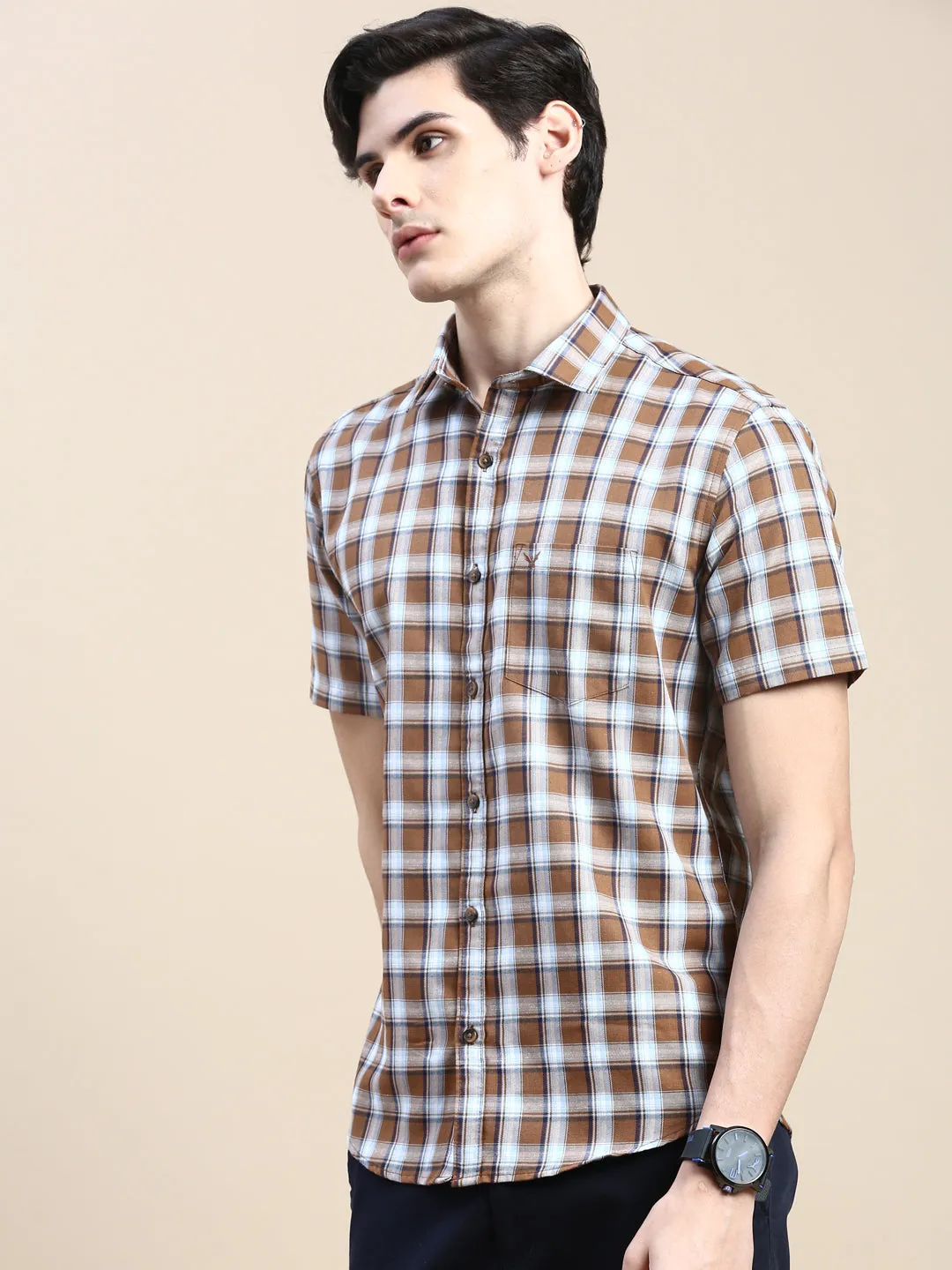 Men Khaki Checked Casual Shirt