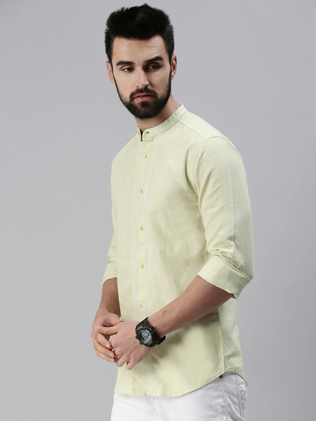 Men Mandarin Collar Solid Green Shirt