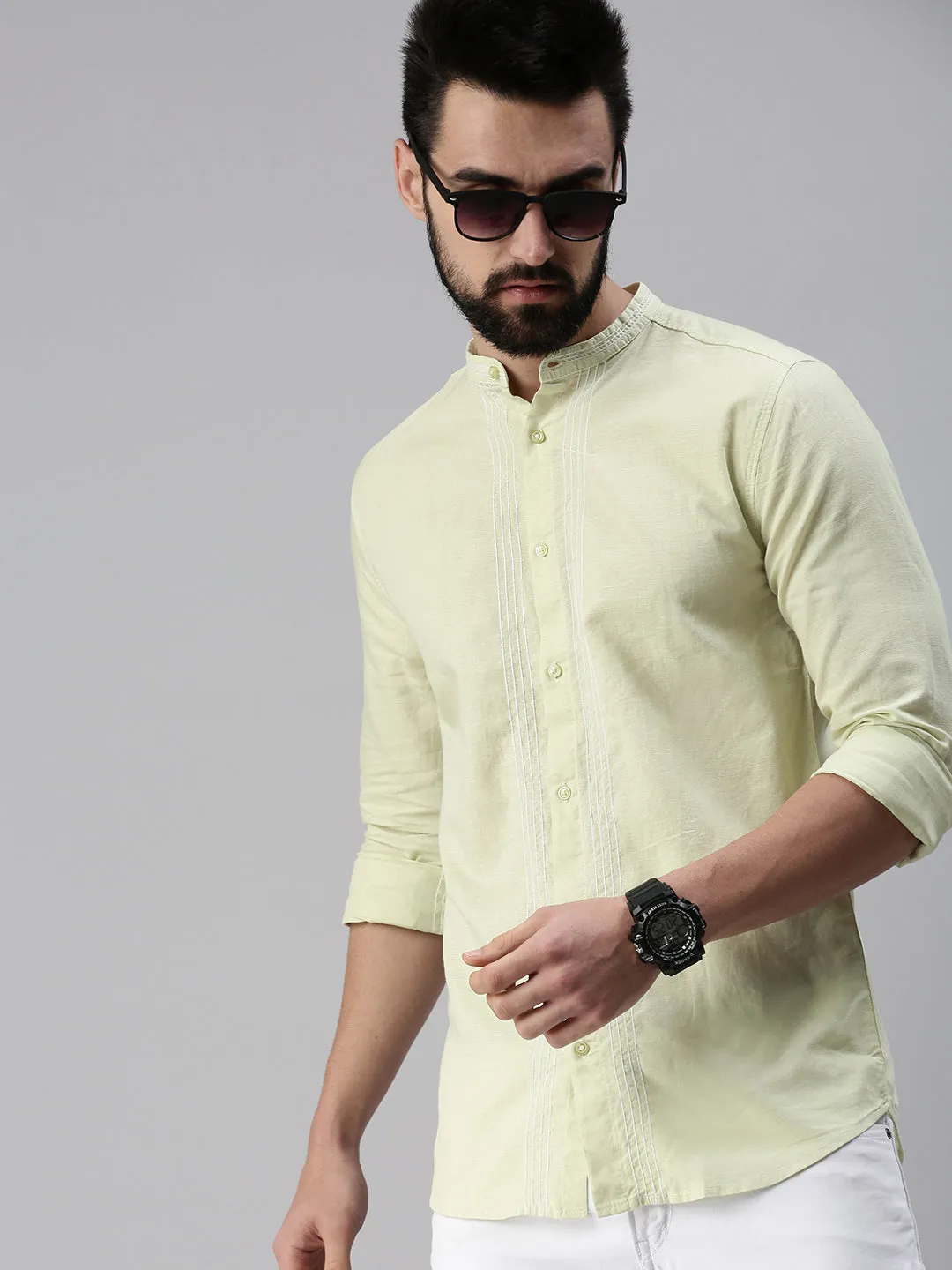 Men Mandarin Collar Solid Green Shirt