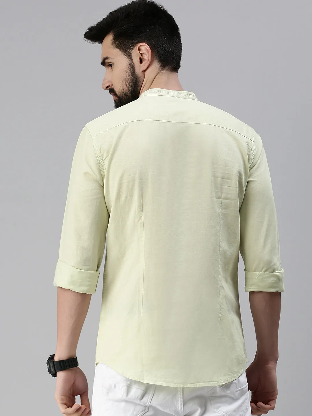 Men Mandarin Collar Solid Green Shirt