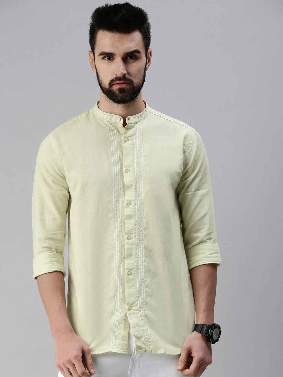 Men Mandarin Collar Solid Green Shirt