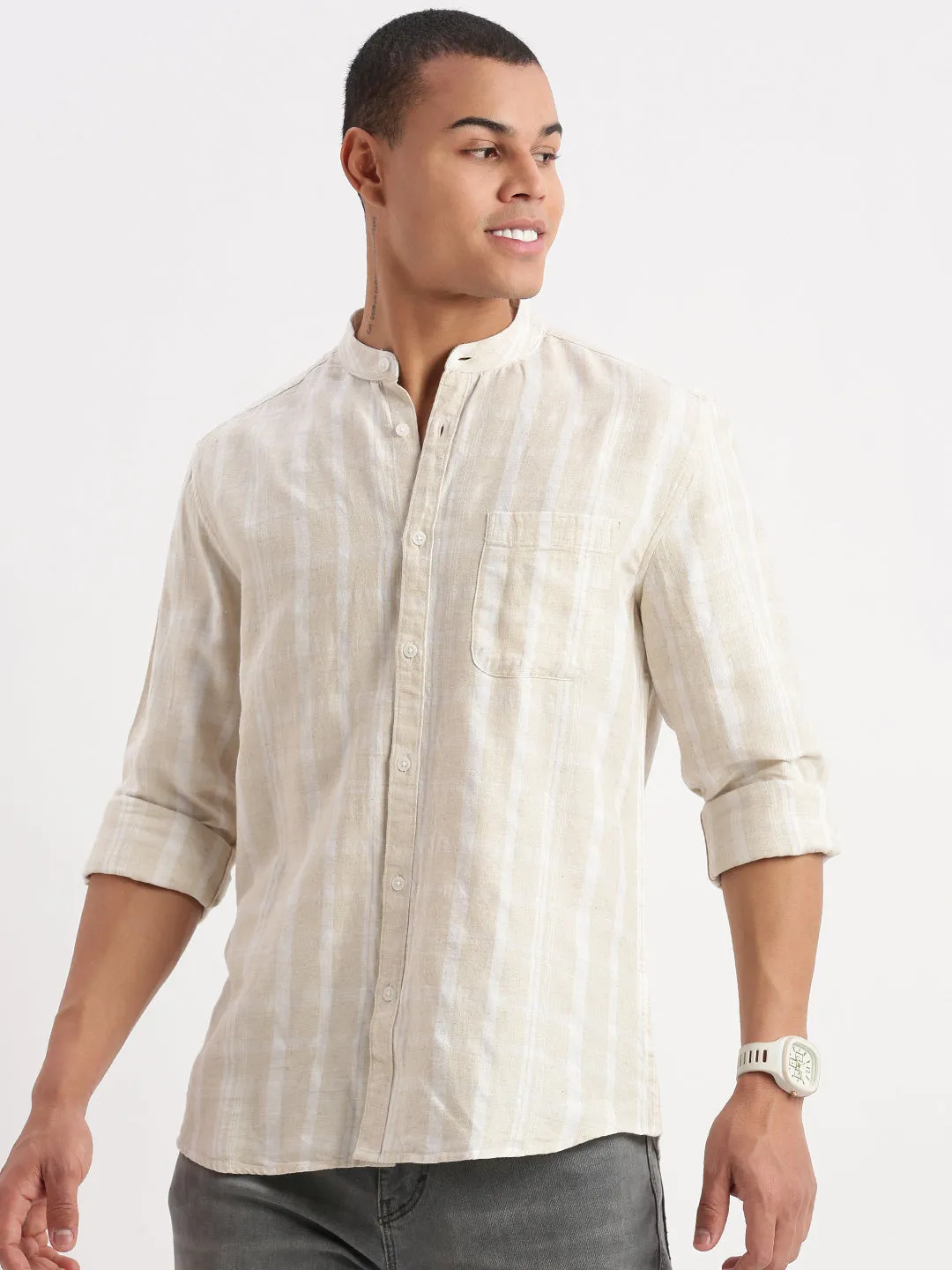 Men Mandarin Collar Vertical Stripes Cream Shirt