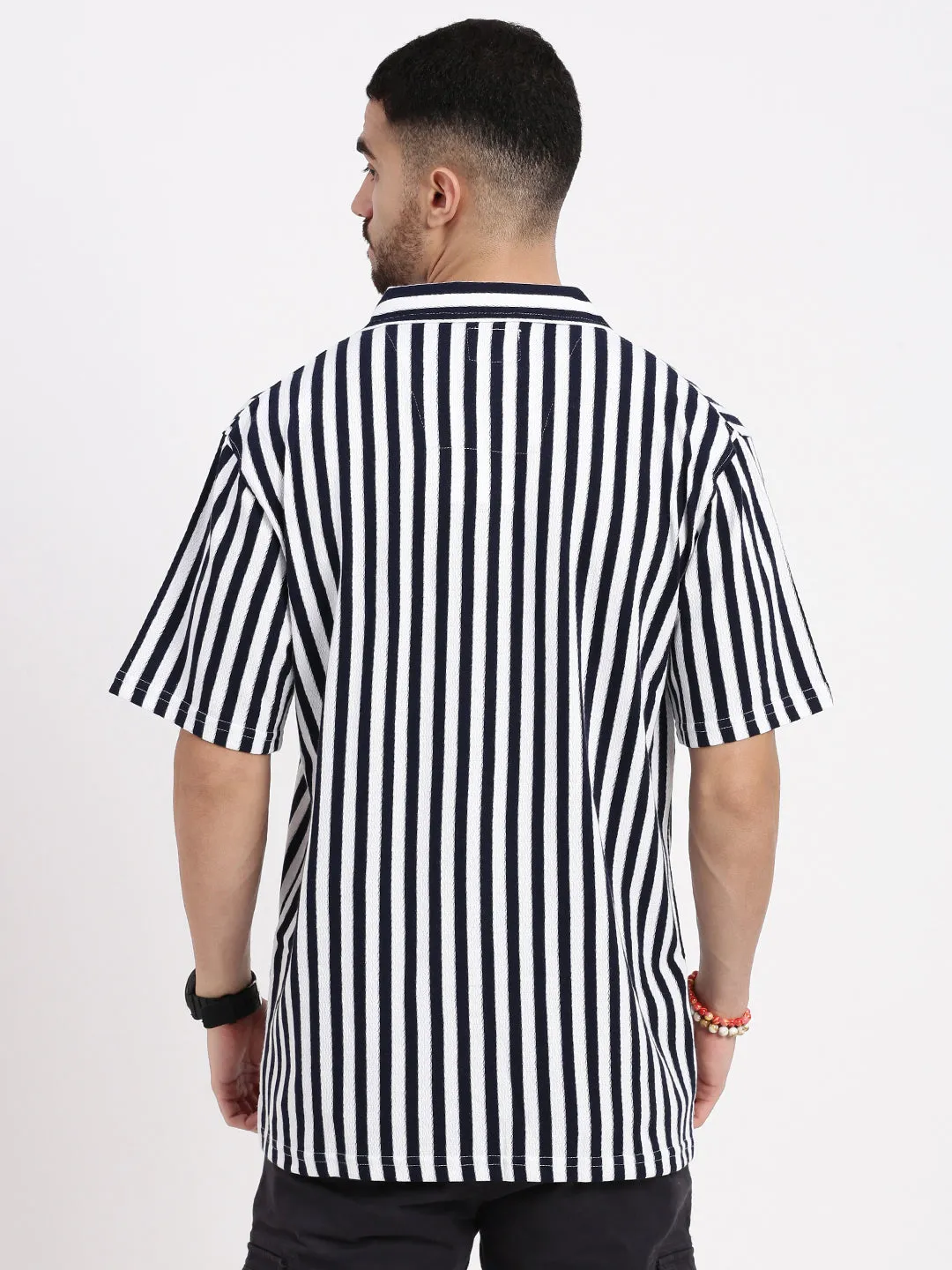 Men Navy Blue Cuban Collar Striped Shirt