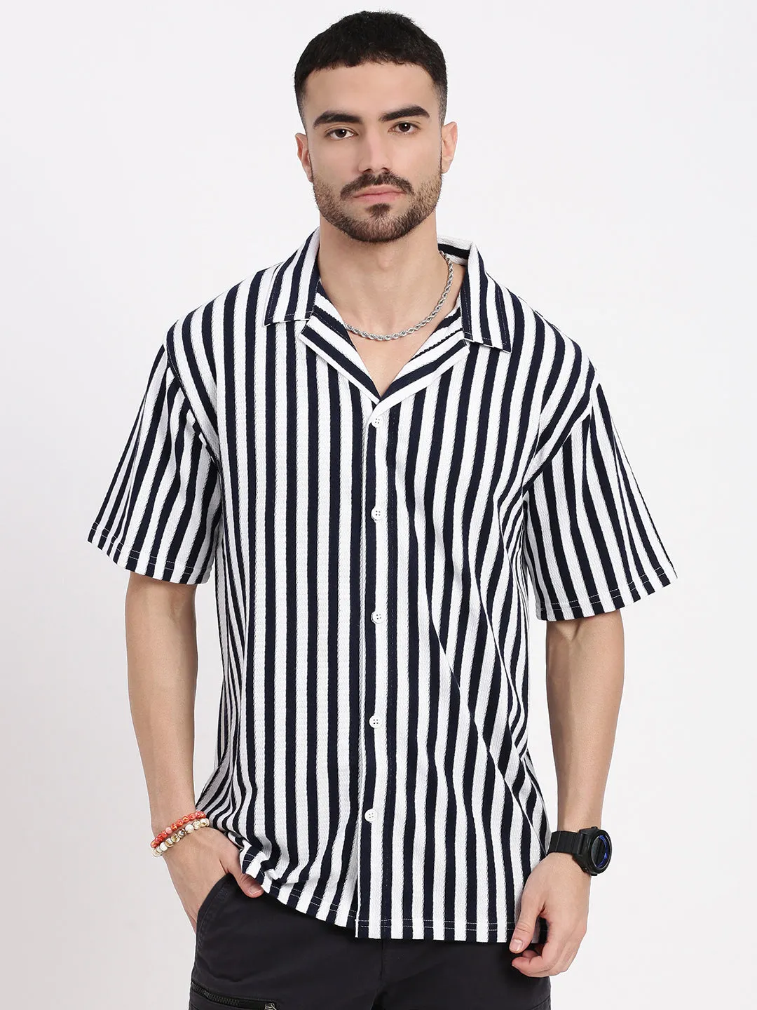 Men Navy Blue Cuban Collar Striped Shirt