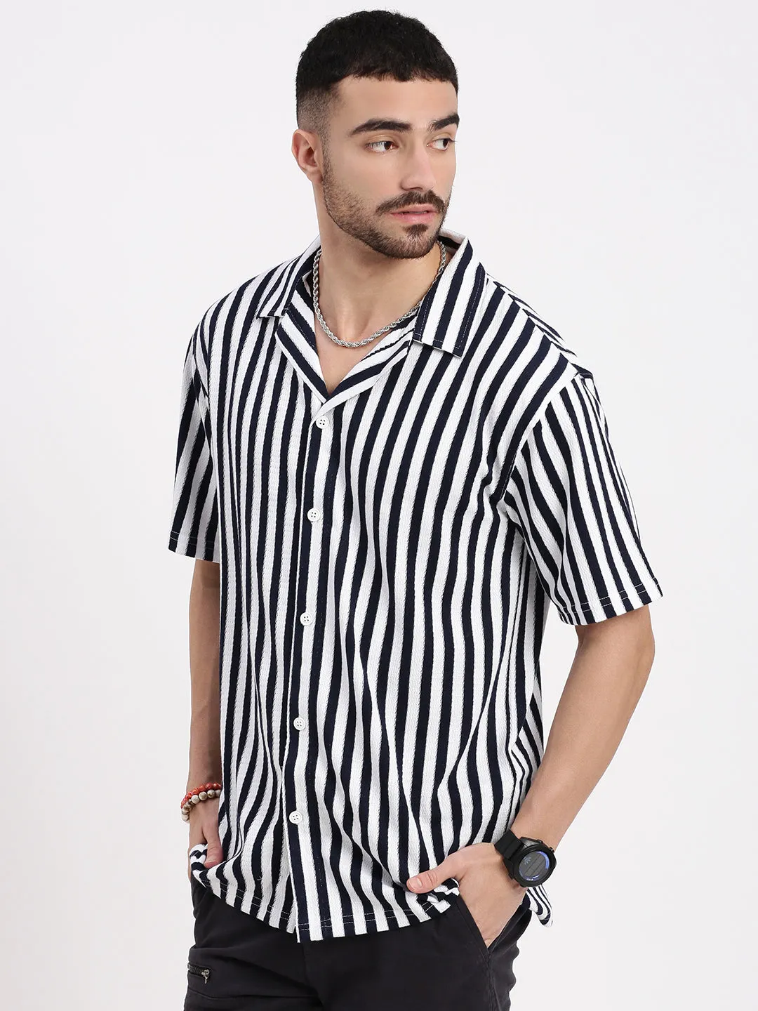 Men Navy Blue Cuban Collar Striped Shirt