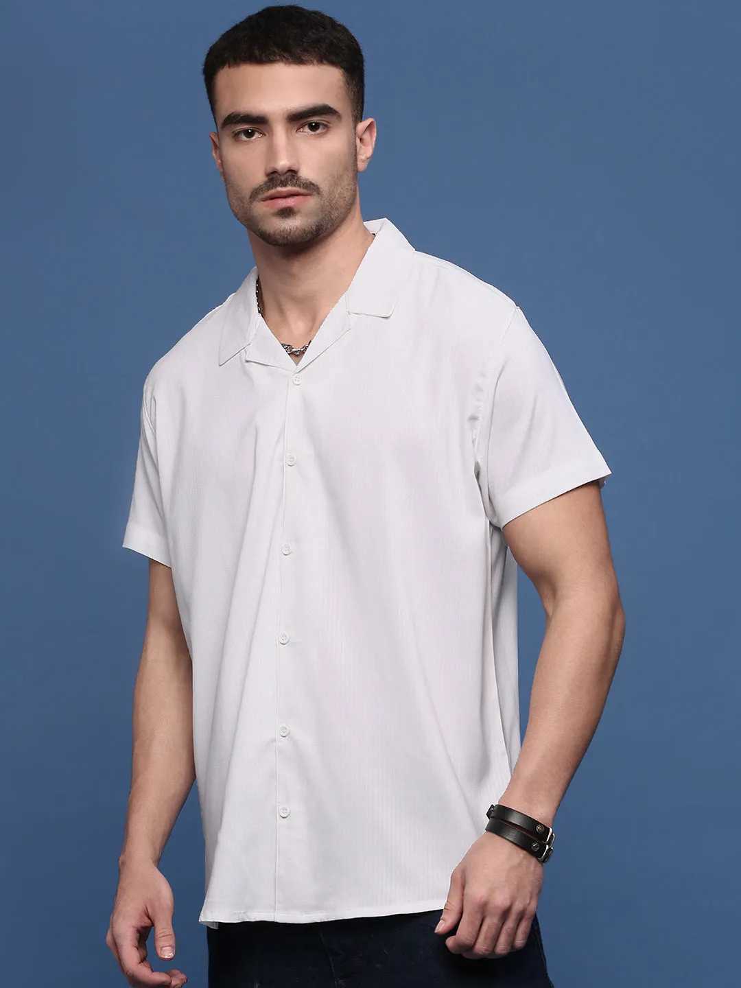 Men White Cuban Collar Shirt