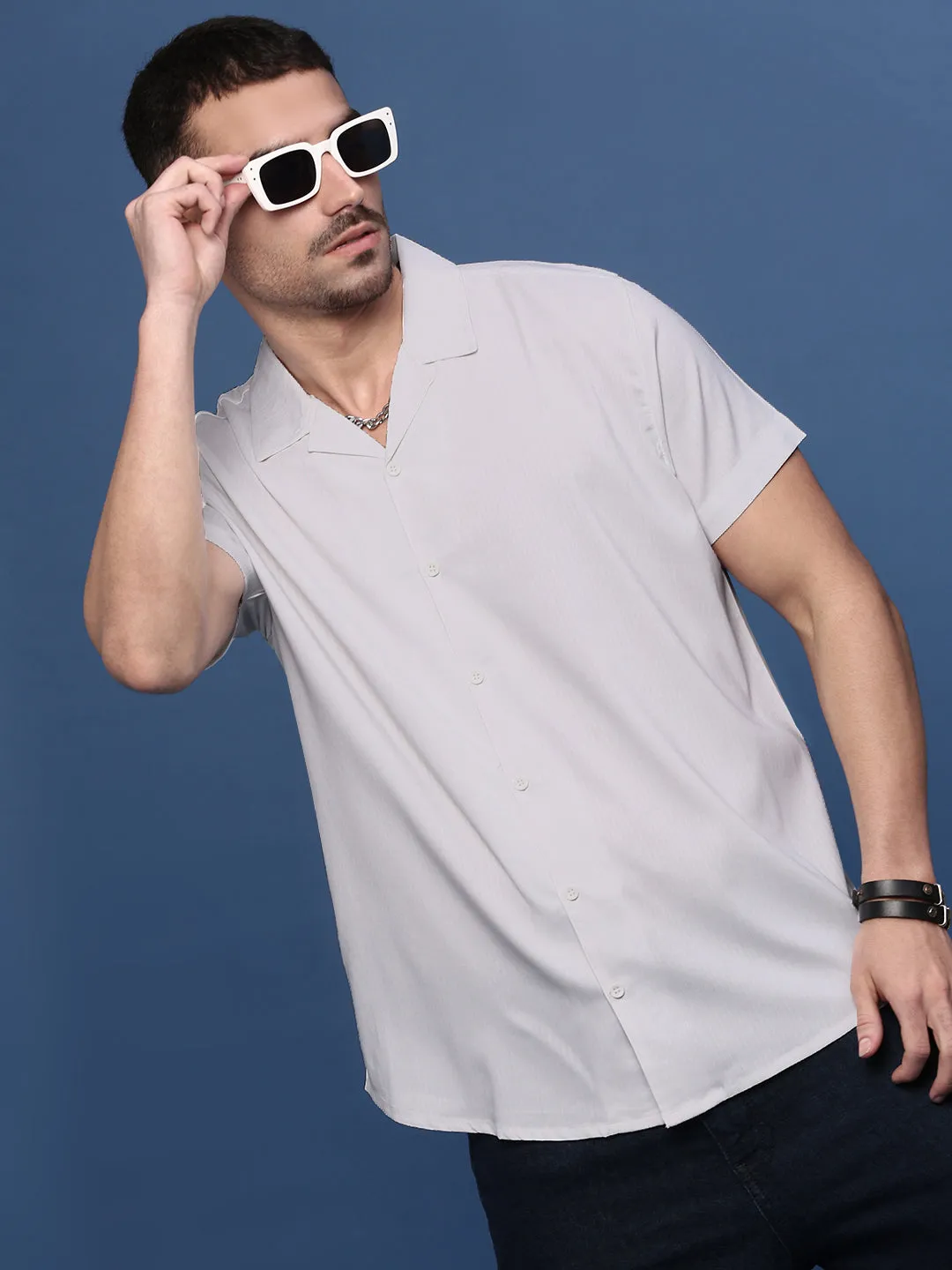 Men White Cuban Collar Shirt