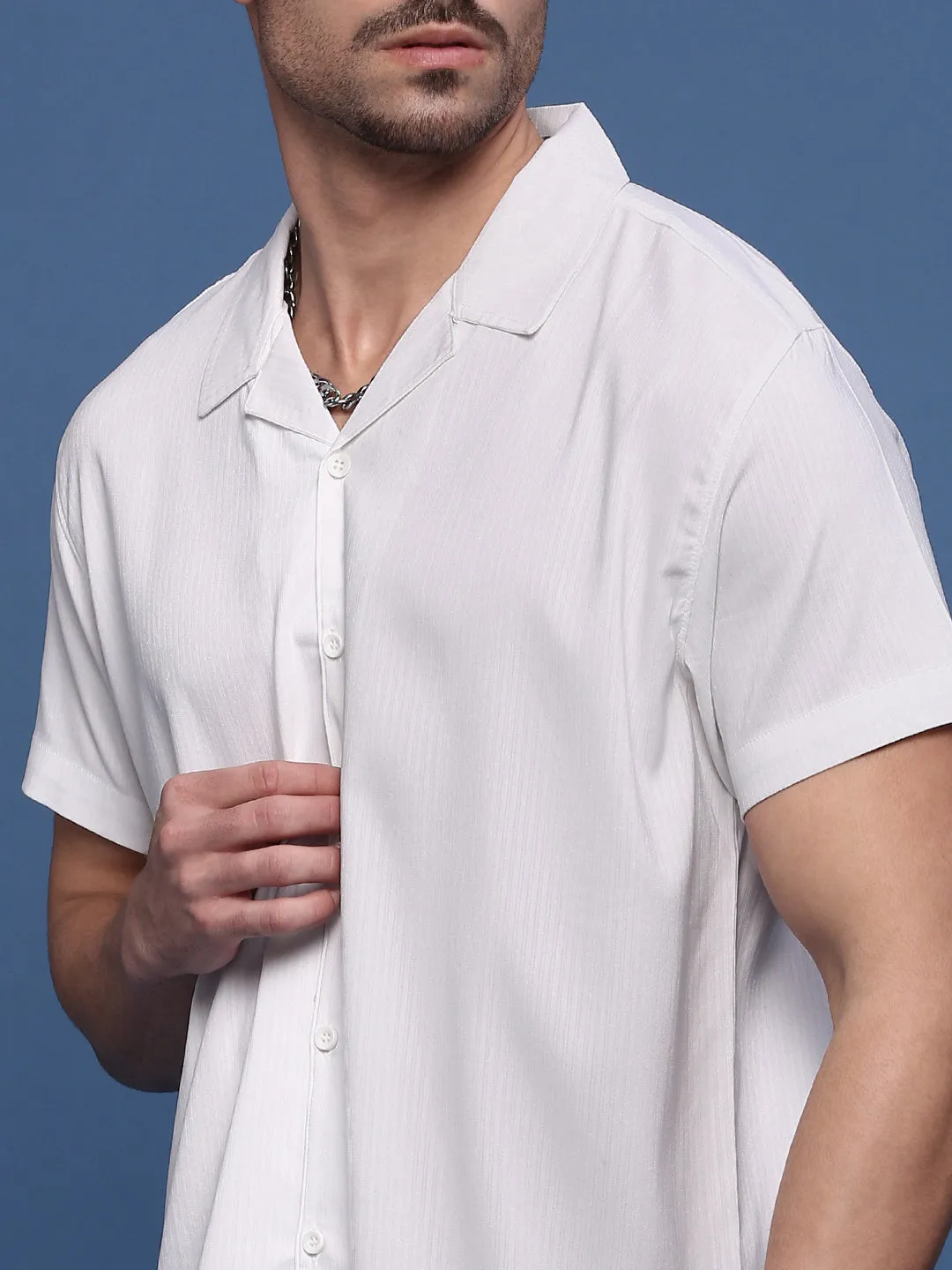 Men White Cuban Collar Shirt