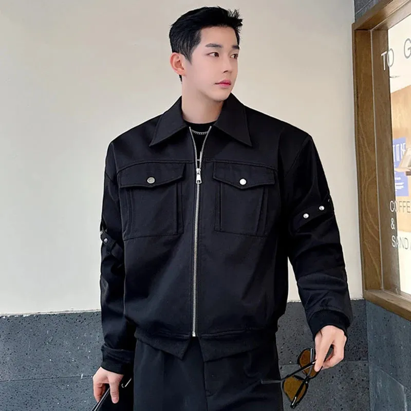 Men's Jackets Casual Turn-down Collar Pockets Sleeve  Buckle Design Solid Color Male Short Coats Spring Fashion 9C4966