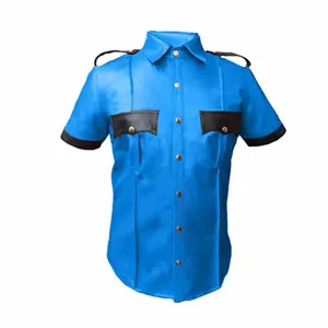 Mens Police Uniform Style Blue Shirt Genuine Leather - (Pshs-Blu-Blk)