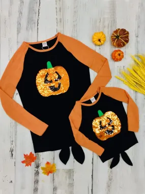 Mommy and Me Sequin Jack-O-Lantern Knot Hem Top