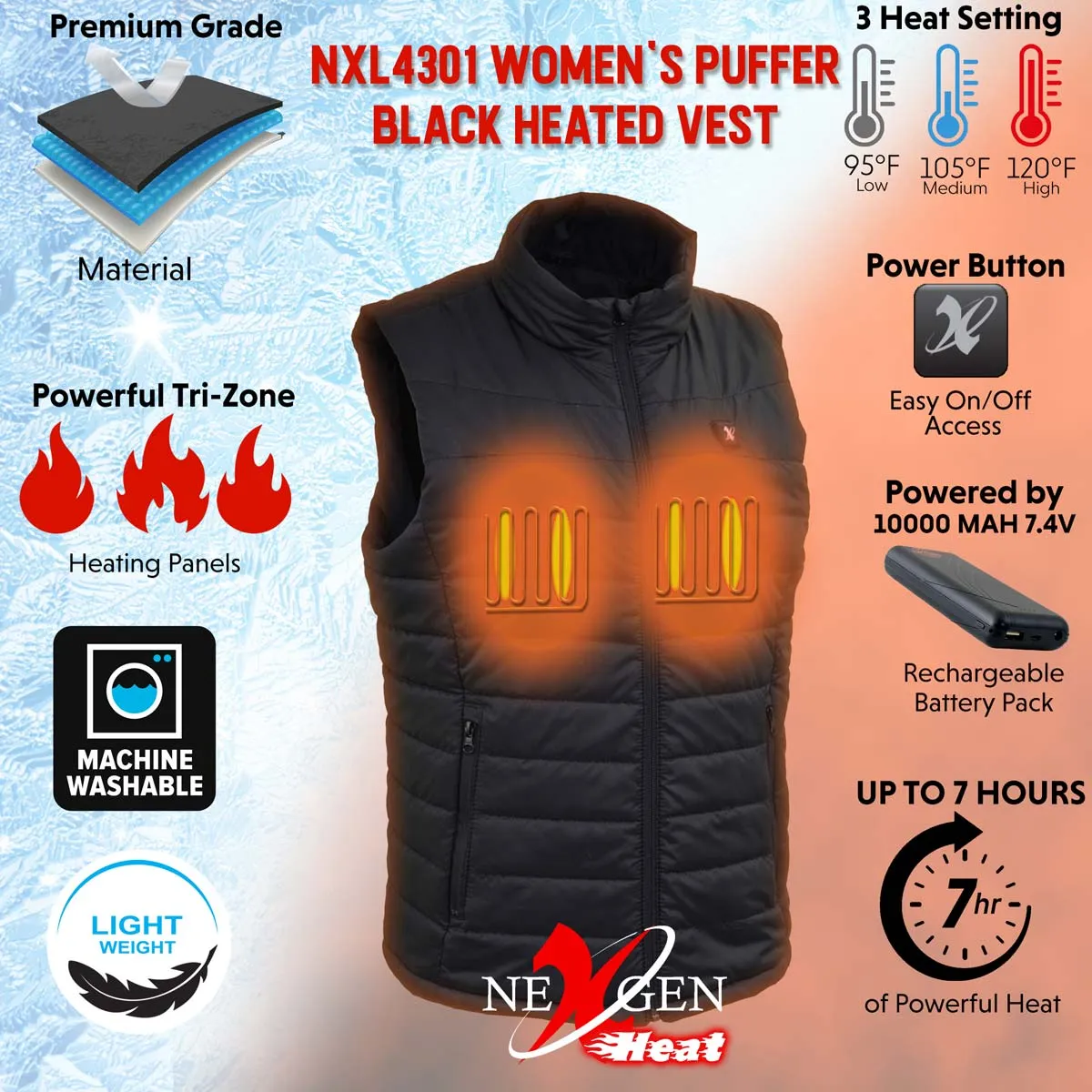 Nexgen Heat Women's NXL4301SET Puffer Black Heated Vest, Heated Winter Vest for Outdoor Activities w/ Battery