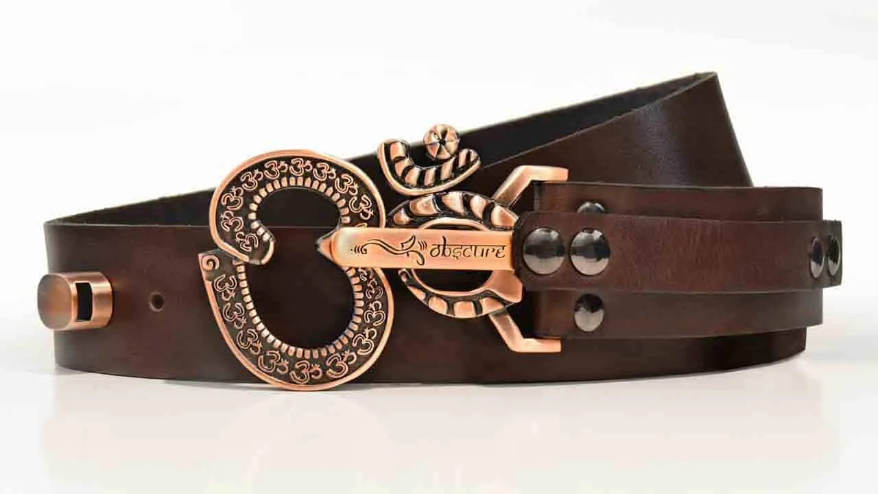 Ohm 2.0 Copper Belt Buckle on Brown Leather Belt