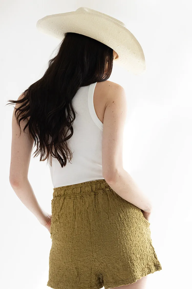 Olive Textured Shorts with Elastic Waist Band