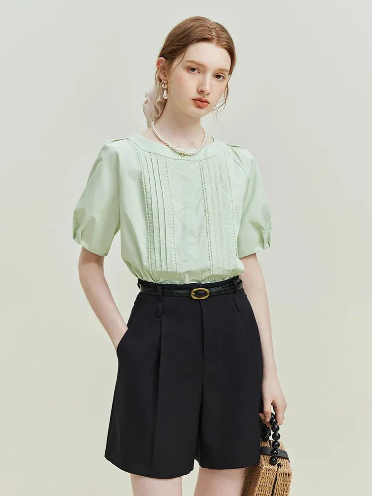 Pleated Design Short - Solid Twill Office Lady