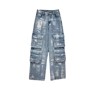 Pre Order:  High Waist Straight Wide Leg Multiple Pockets Denim Pants