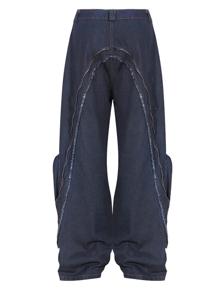 Pre Order:  High Waist Zipper Pocket Irregular Wide Leg Denim Pants