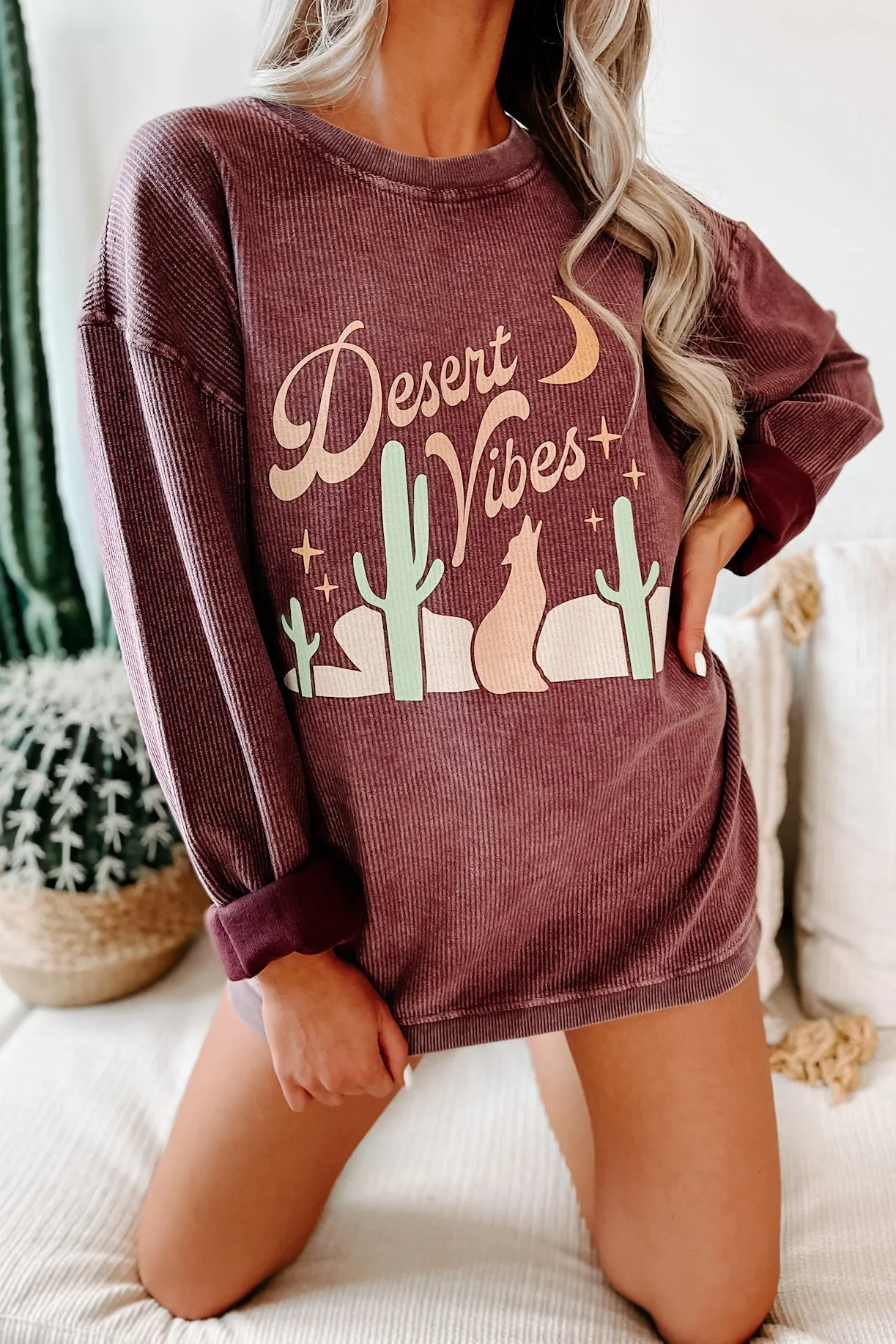 "Desert Vibes" Corded Graphic Crewneck (Maroon) - Print On Demand