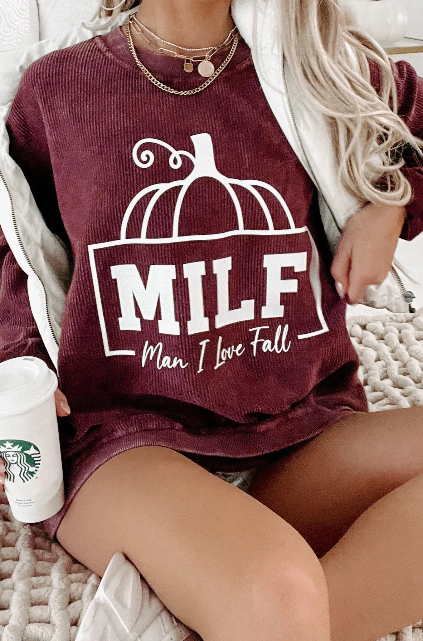 "Man I Love Fall" Corded Graphic Crewneck (Maroon) - Print On Demand