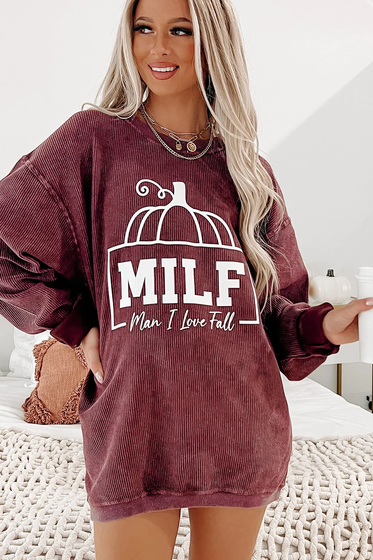 "Man I Love Fall" Corded Graphic Crewneck (Maroon) - Print On Demand