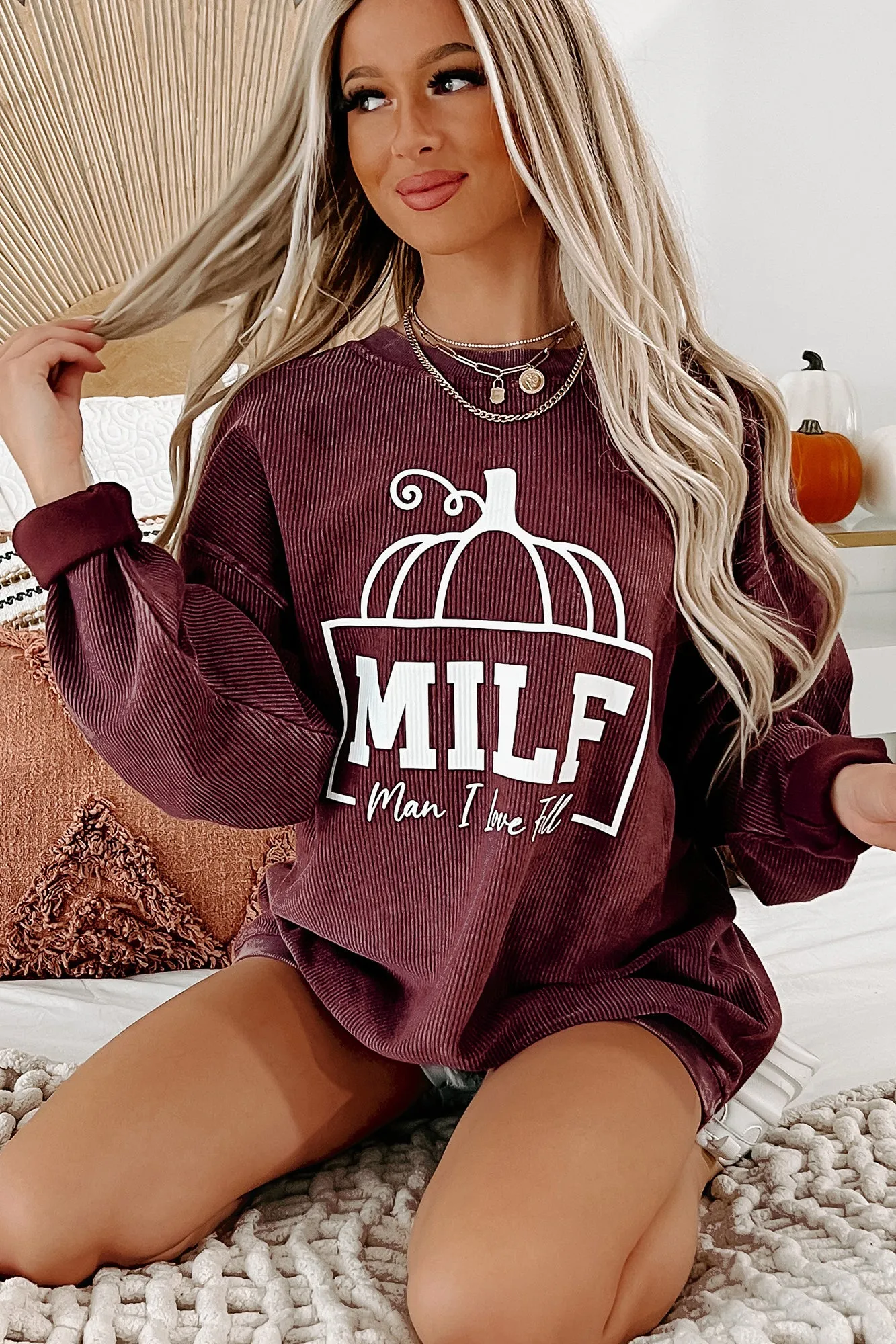 "Man I Love Fall" Corded Graphic Crewneck (Maroon) - Print On Demand