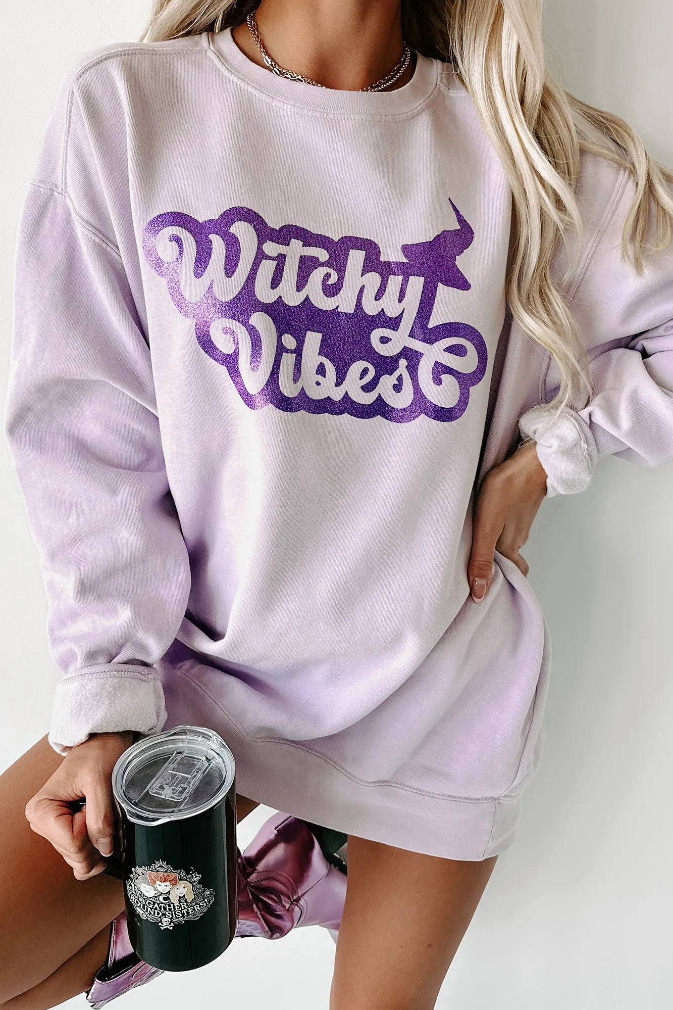 "Witchy Vibes" Glitter Graphic Crewneck (Orchid) - Print On Demand