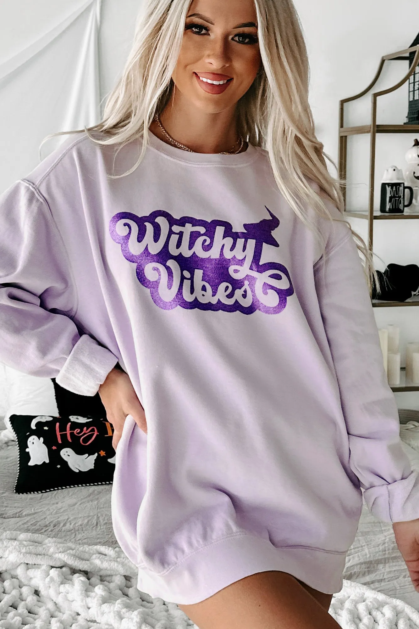 "Witchy Vibes" Glitter Graphic Crewneck (Orchid) - Print On Demand