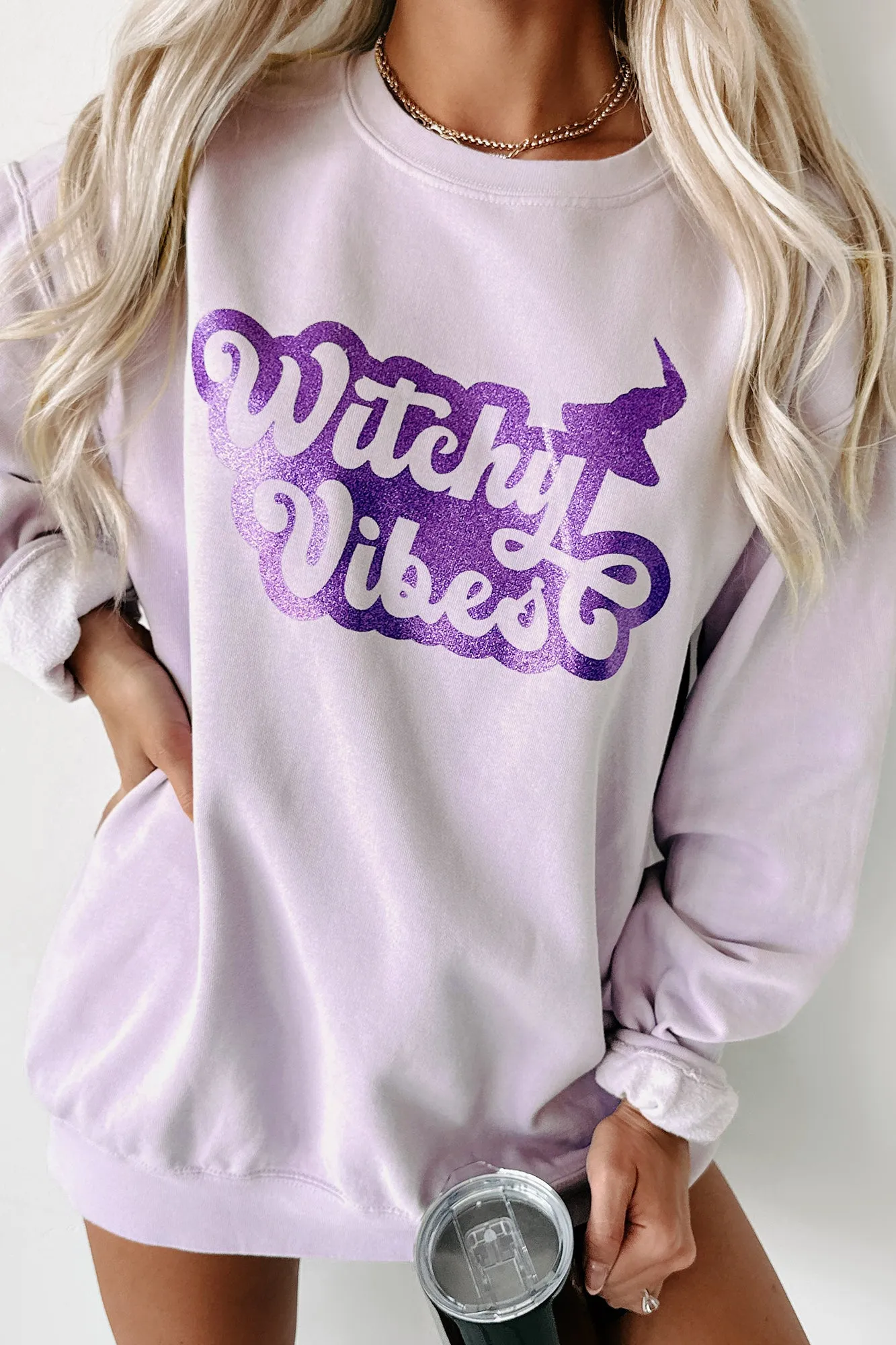 "Witchy Vibes" Glitter Graphic Crewneck (Orchid) - Print On Demand