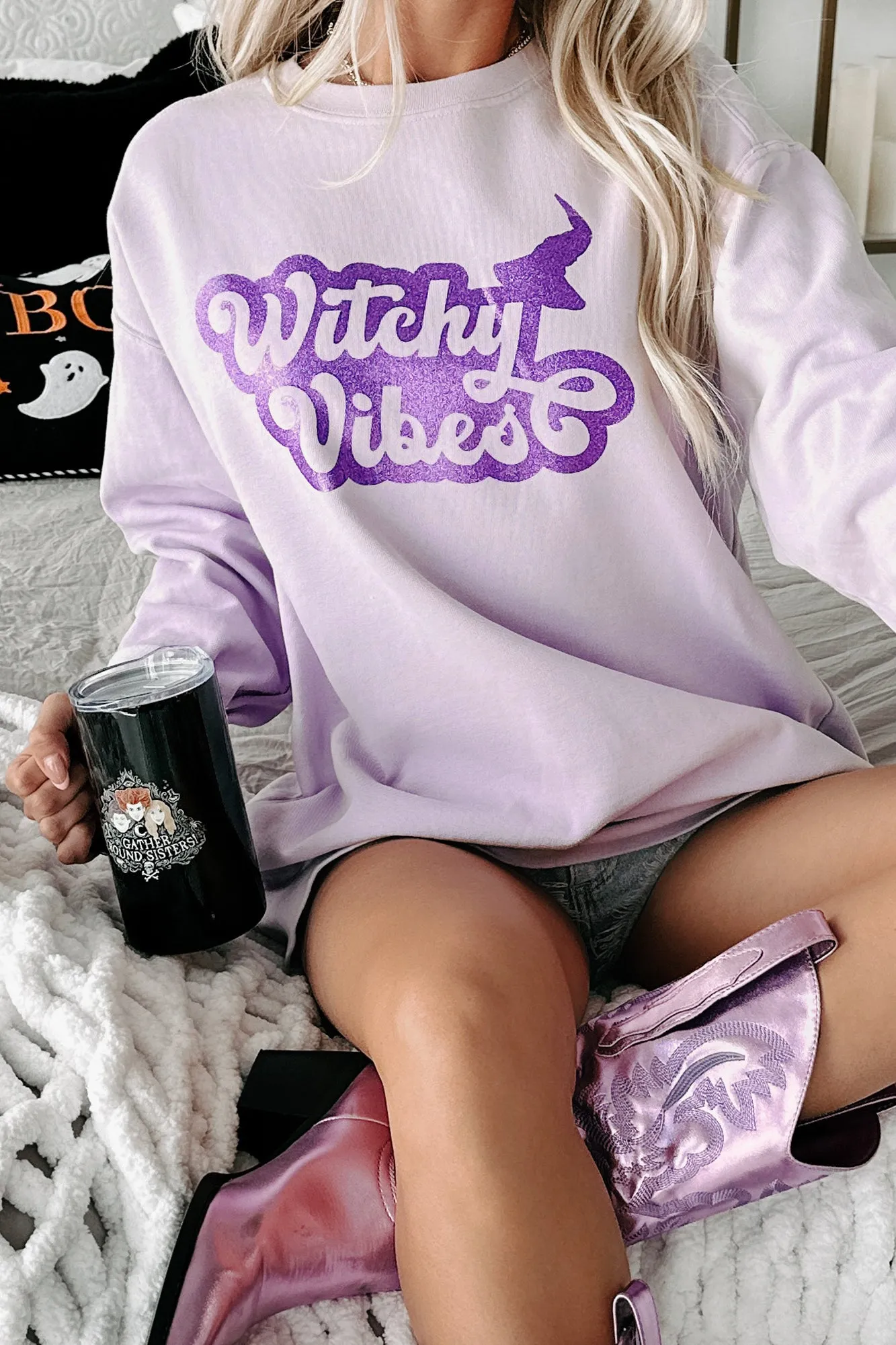 "Witchy Vibes" Glitter Graphic Crewneck (Orchid) - Print On Demand