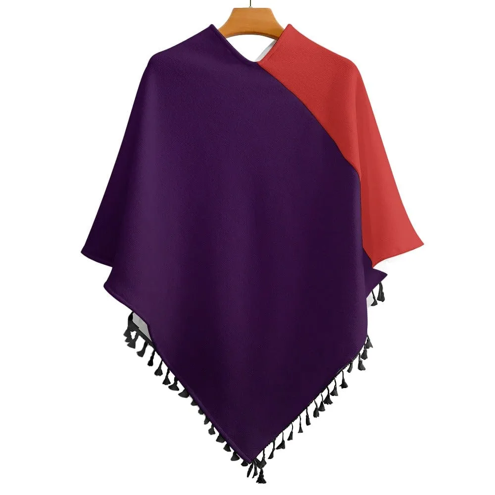 Red and Purple Knitted Cape with Fringed Edge