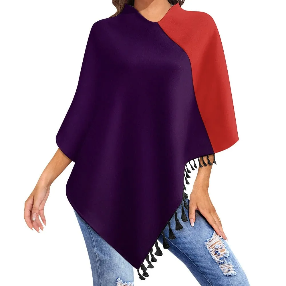 Red and Purple Knitted Cape with Fringed Edge