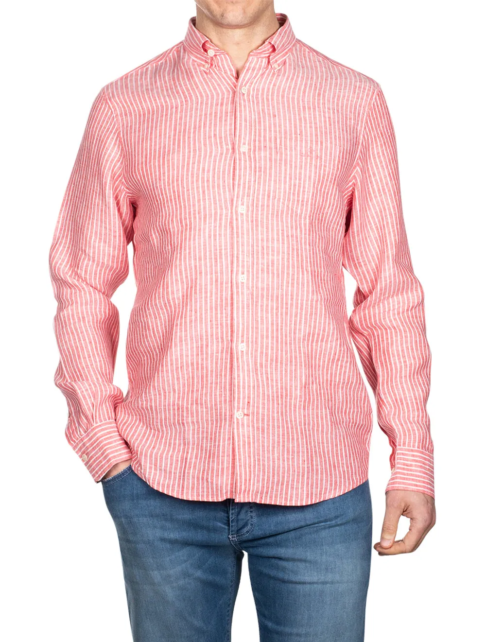 Regular Fit Stripe Linen Buttondown Watermelon Pink