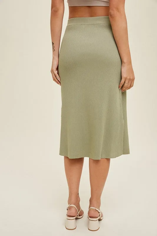 Ribbed Sweater Midi Skirt - Green Tea