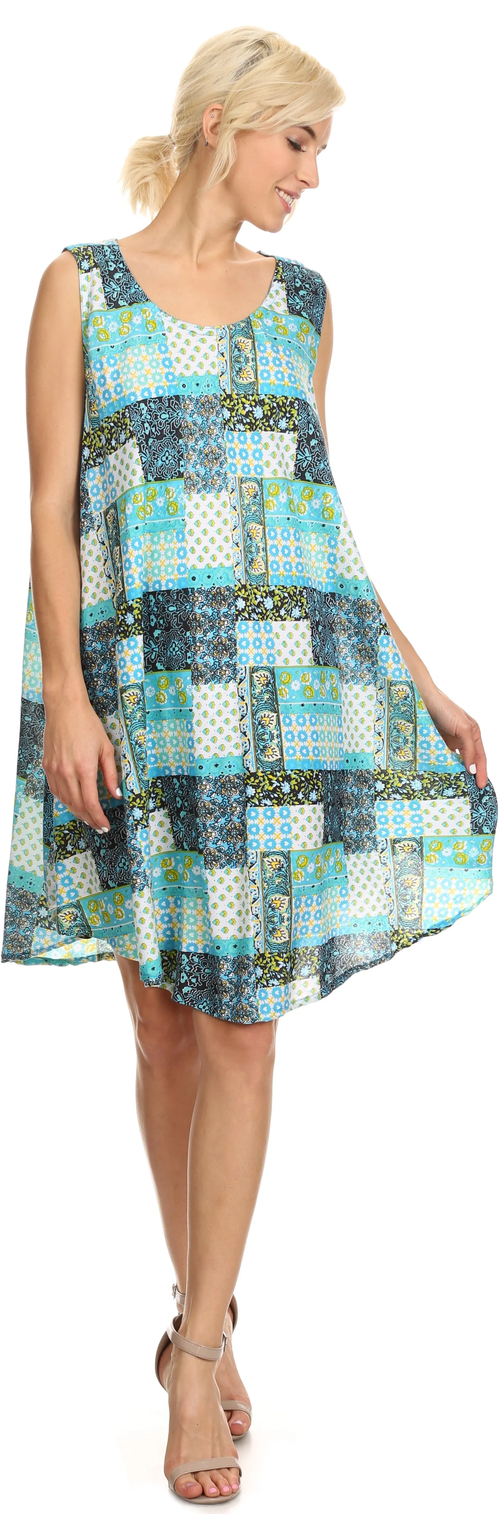 Sakkas Spal Mid Length Scoop Neck Tank Top Printed Batik Caftan Dress / Cover Up