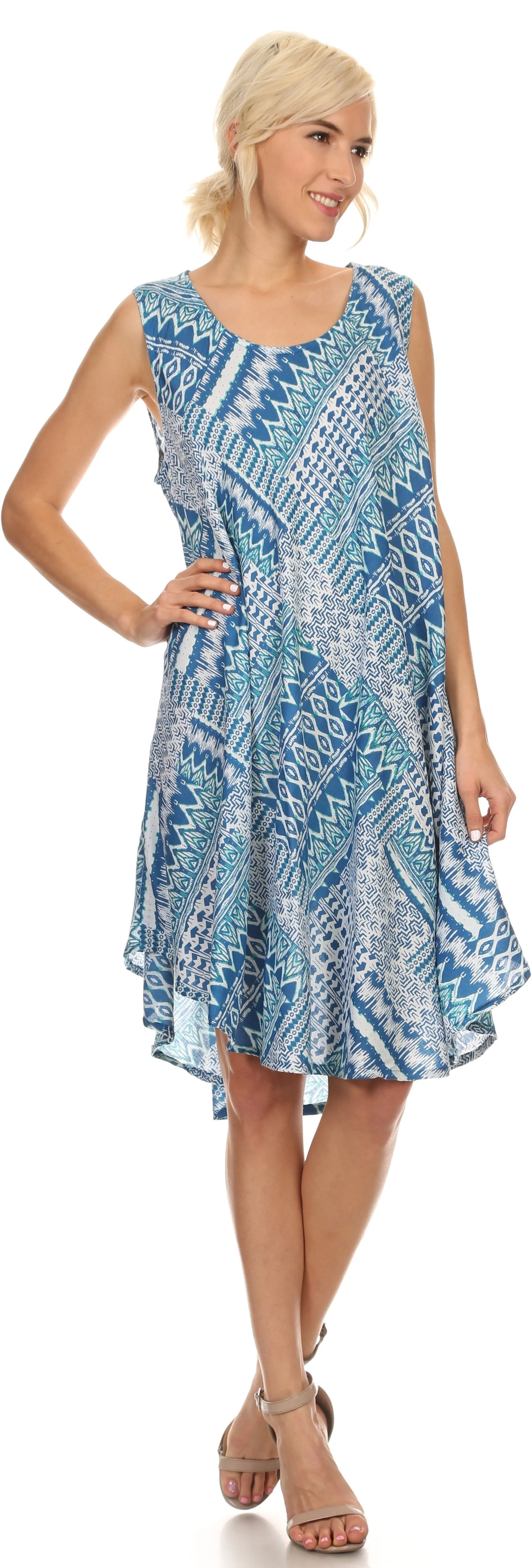 Sakkas Spal Mid Length Scoop Neck Tank Top Printed Batik Caftan Dress / Cover Up