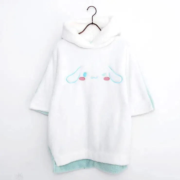 Sanrio Cinnamoroll Boa Fleece Poncho Hoodie w/ Ear White Light Blue Warm Women