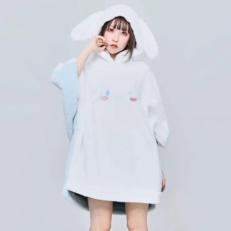 Sanrio Cinnamoroll Boa Fleece Poncho Hoodie w/ Ear White Light Blue Warm Women