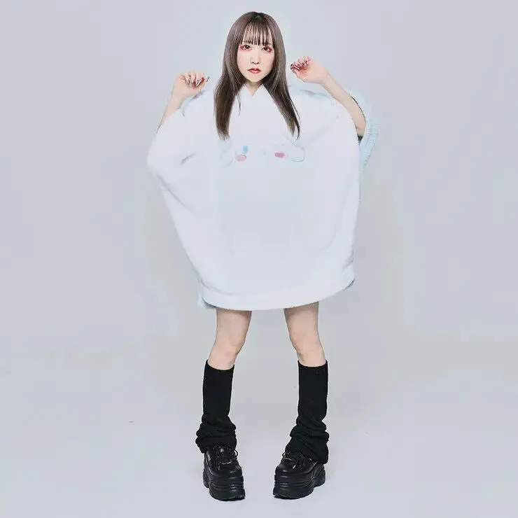 Sanrio Cinnamoroll Boa Fleece Poncho Hoodie w/ Ear White Light Blue Warm Women