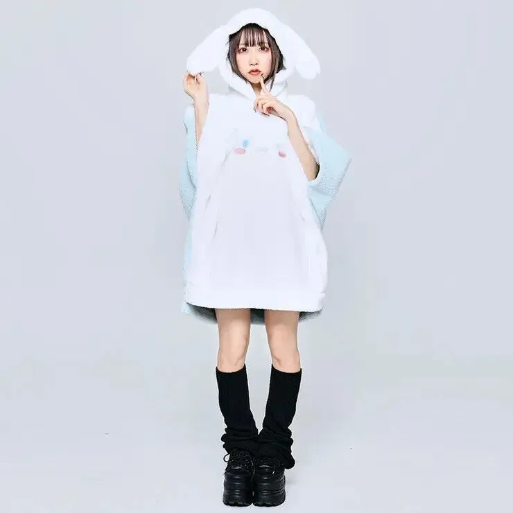 Sanrio Cinnamoroll Boa Fleece Poncho Hoodie w/ Ear White Light Blue Warm Women