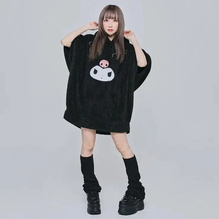 Sanrio Kuromi Boa Fleece Poncho Hoodie w/ Ear Black Warm Women Japan Cosplay