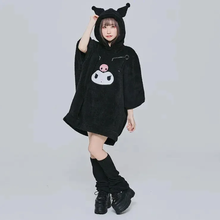 Sanrio Kuromi Boa Fleece Poncho Hoodie w/ Ear Black Warm Women Japan Cosplay